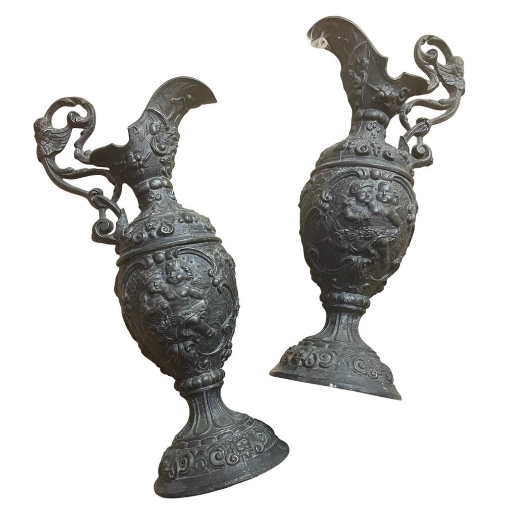 Antique Pair Victorian Decorative Cast Spelter Metal Urns Ewers Putti Motif